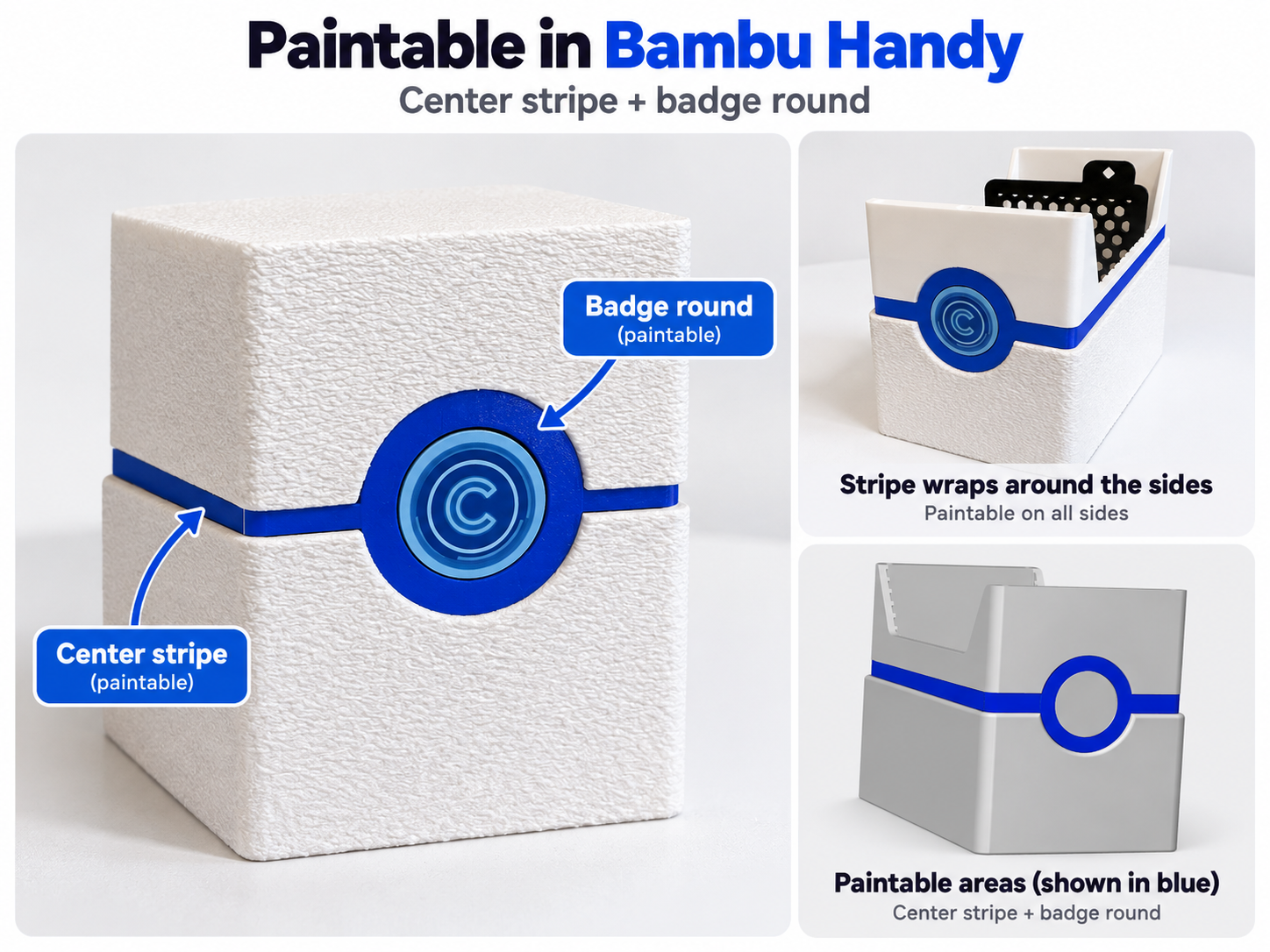 Diagram of a vault with the center stripe and badge round marked as paintable in Bambu Handy