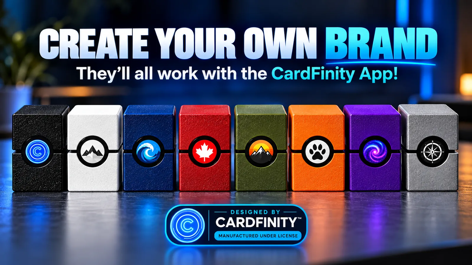 Nine deck vaults in different colors and badge designs, with a Designed by CardFinity license mark