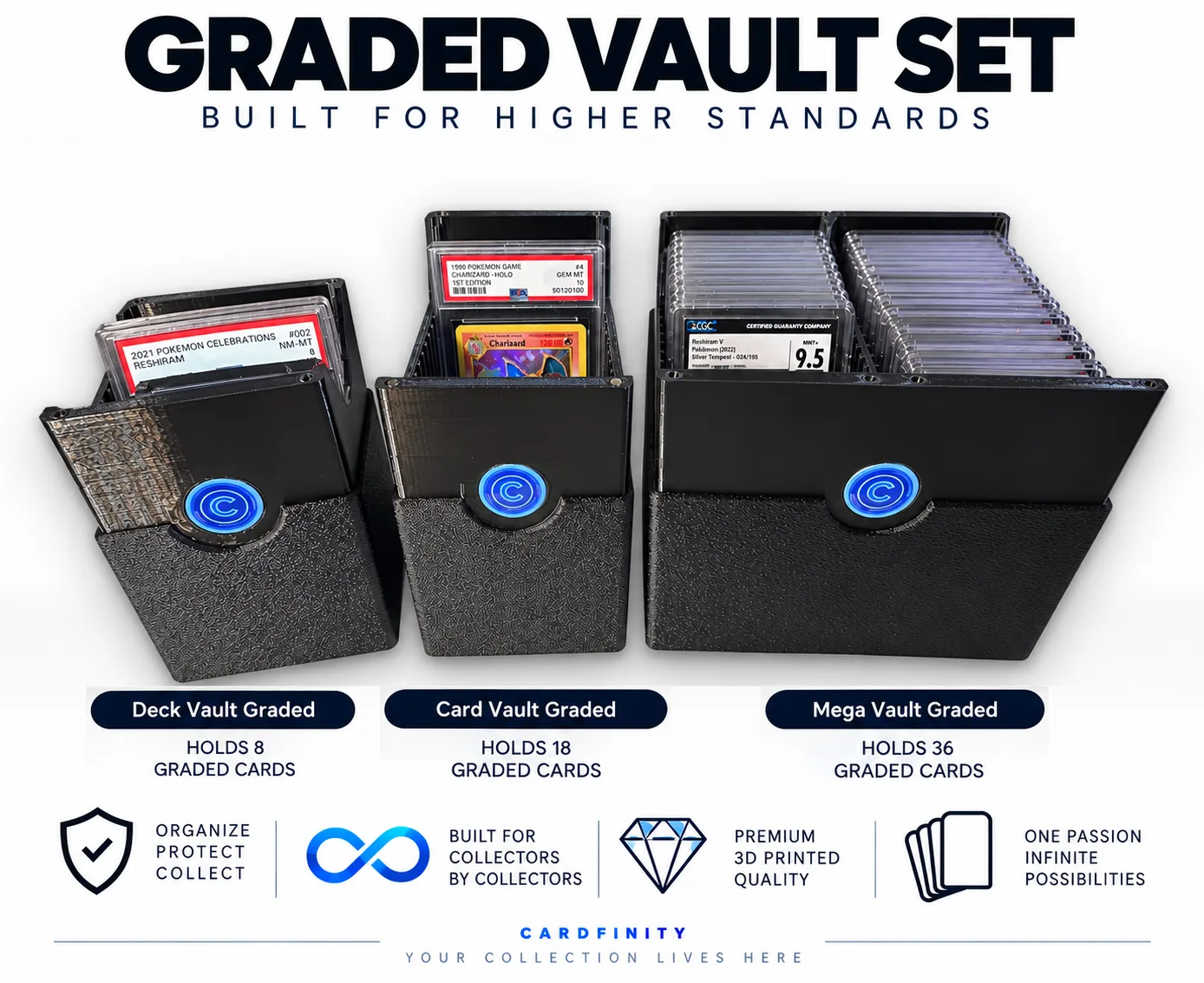 Graded Vault Set for PSA, CGC and BGS slabs: Deck holds 8, Card holds 18, Mega holds 36