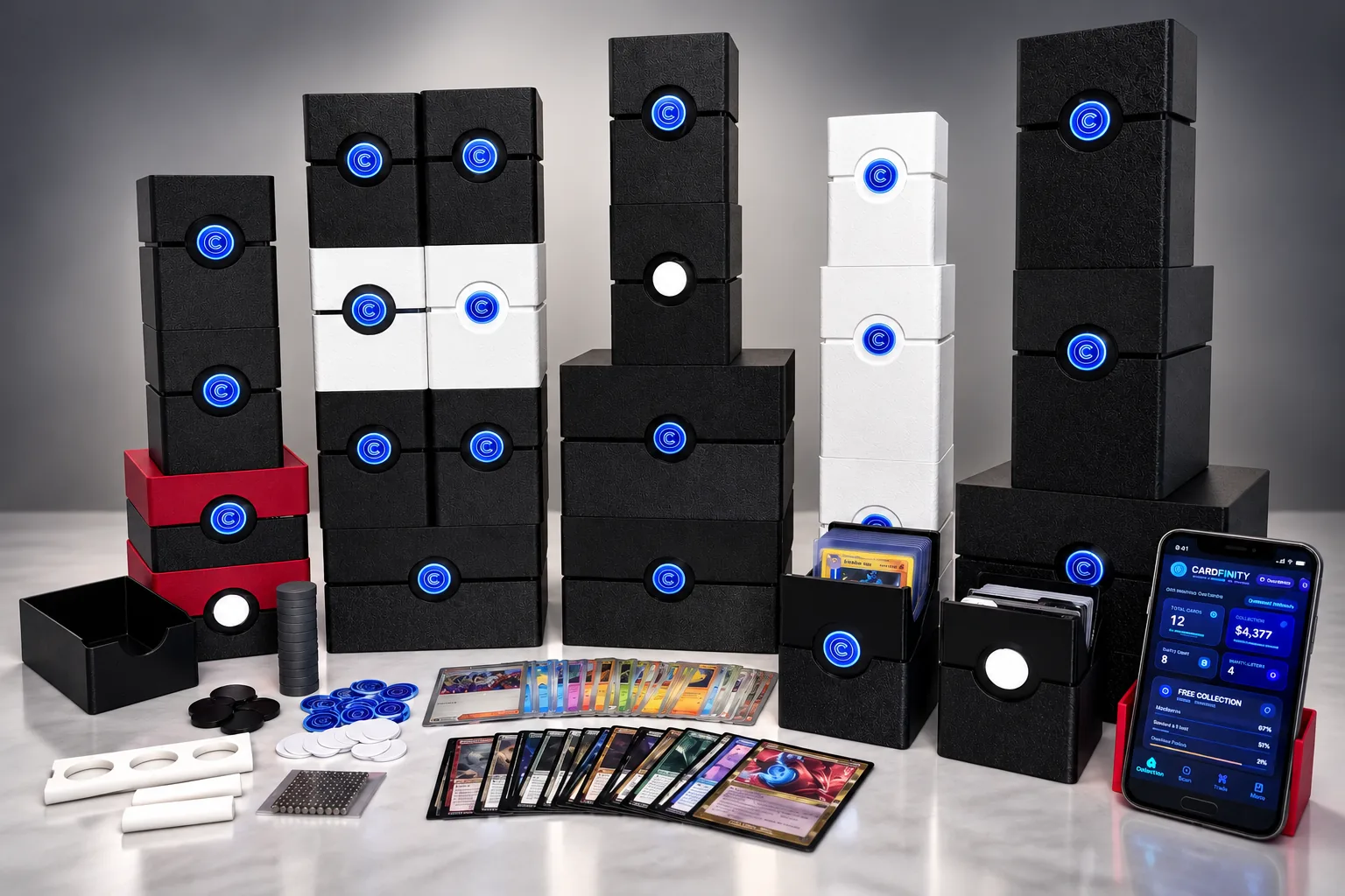 The CardFinity lineup: stacked black, white and red vaults, magnets, cards and the app