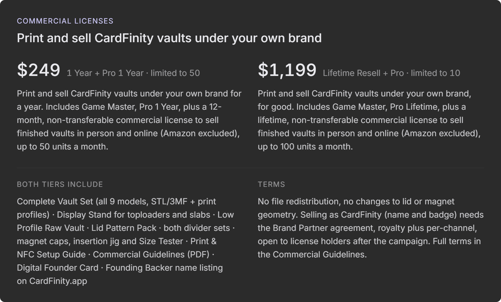 Commercial license details: one year at $249 or lifetime at $1,199