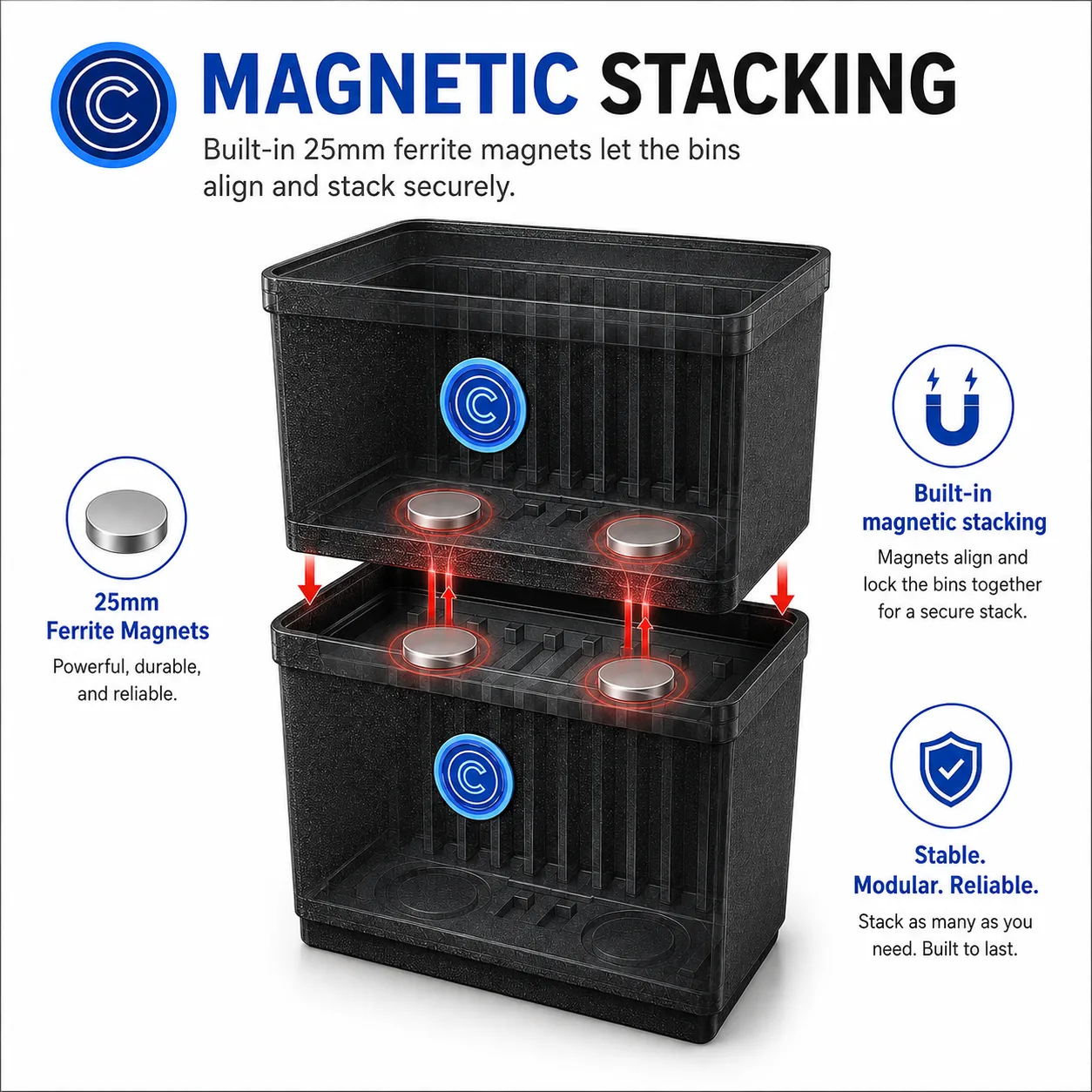 Two open vaults showing 25 mm ferrite discs that lock a stack together