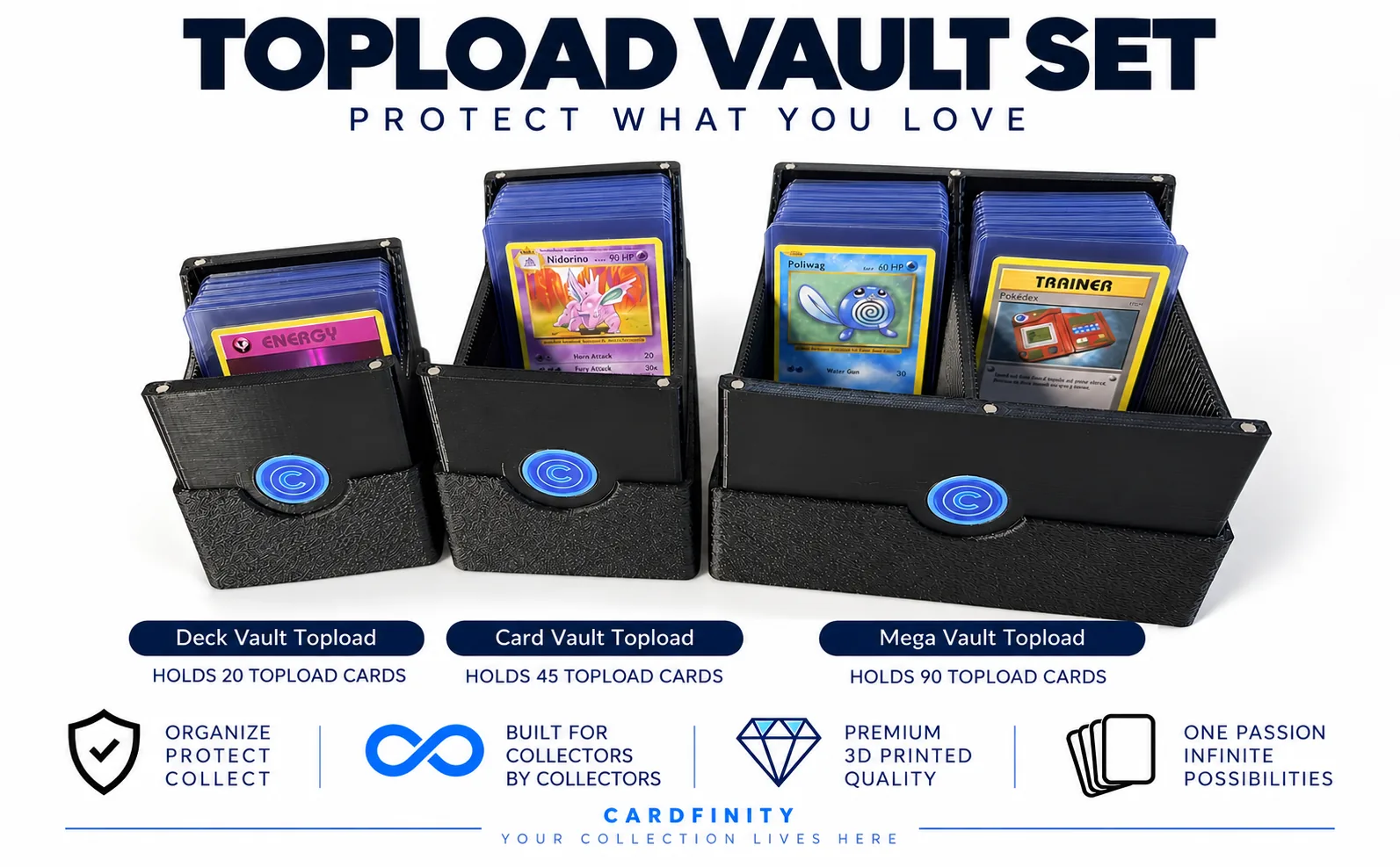 TopLoad Vault Set: Deck holds 20 toploaders, Card holds 45, Mega holds 90